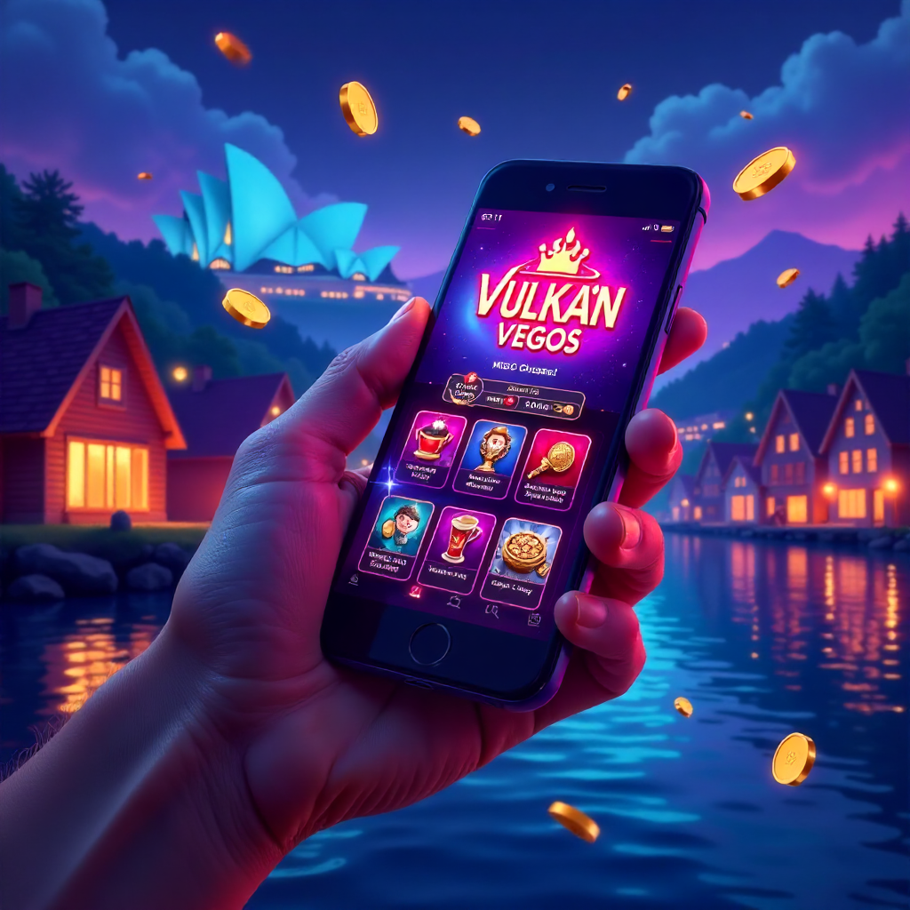 A hand holding a high-end smartphone with Vulkan Vegas colorful interface, background featuring the iconic Opera House in Oslo or the colorful wooden houses of Bryggen in Bergen. Neon blue and violet brand colors, 3D flying golden coins and vibrant casino